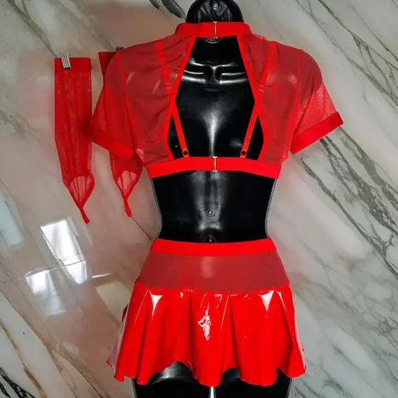 New Large Skirt Set Devil Halloween Costume Mesh Vegan Leather Latex‎ Red Props - Picture 7 of 8